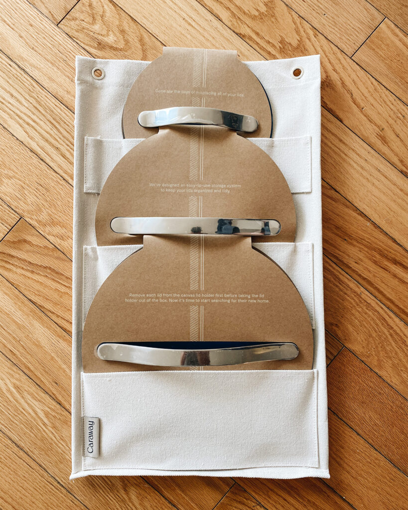 Caraway Home non toxic cookware canvas storage lids.