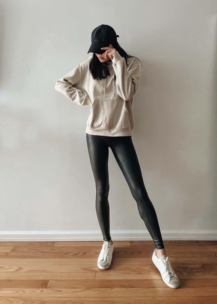 Faux Leather leggings with Hoodie and Baseball Cap