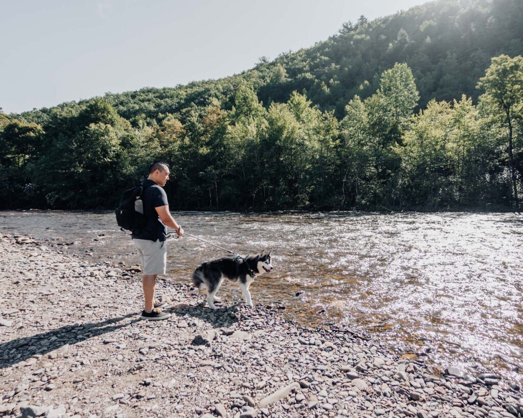 A siberian husky dog and owner looking over the Lehigh River Water Trail 