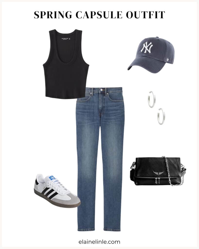 Spring capsule wardrobe outfit. Black fitted cropped tank. Medium blue jeans, New York Yankees cap, silver hoops, crossbody purse. 