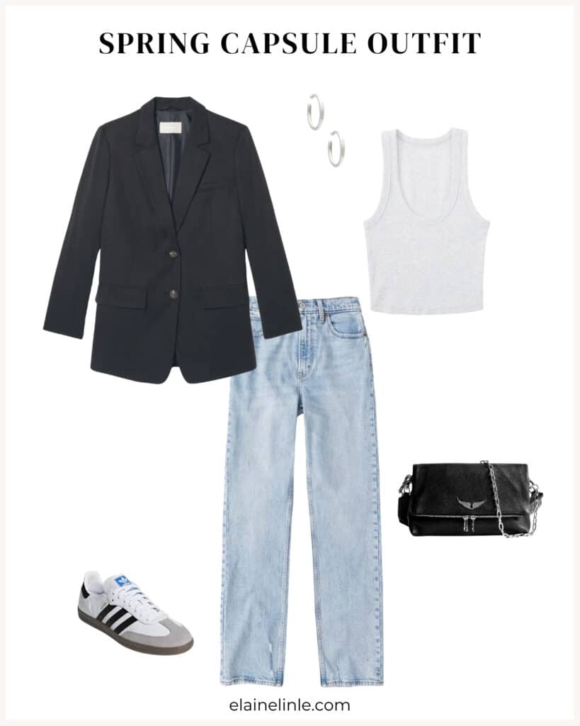 2024 spring capsule wardrobe outfit with Oversized blazer, cropped tank, slim straight leg jeans, silver hoops, Adidas Sambas sneakers and crossbody purse.