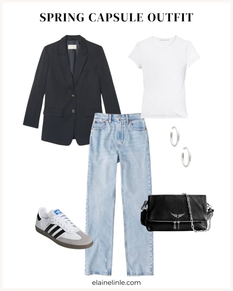 Spring capsule wardrobe. Oversized blazer, light blue jeans, Adidas Samba sneakers, crossbody purse, silver hoops