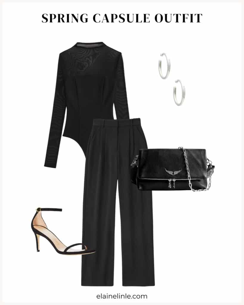 Spring capsule wardrobe. Black mesh body suit, tailored trousers, strappy sandals, crossbody purse, silver hoops