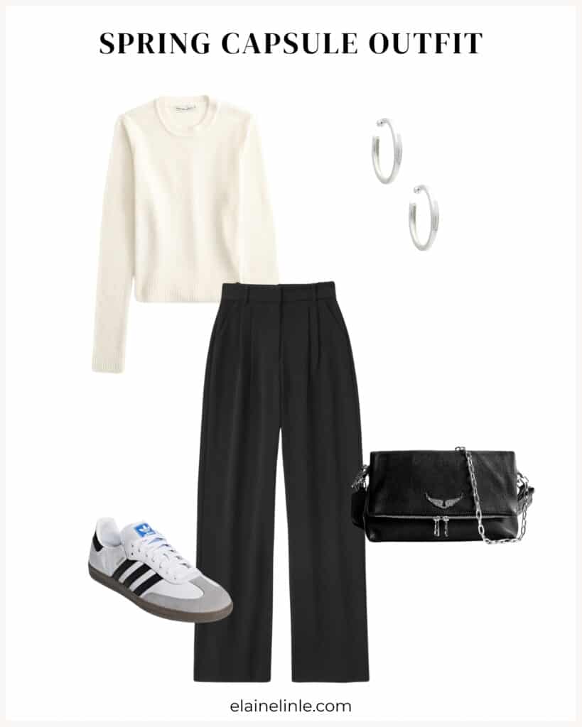 2024 Spring capsule outfit. Cream fitted sweater, tailored trousers, Adidas Samba sneakers, crossbody purse, silver hoops