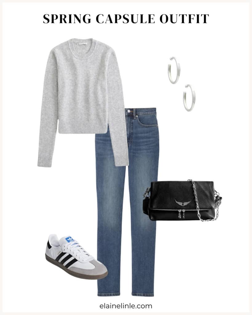 Spring capsule outfit. Fitted grey sweater, medium blue jeans, Adidas Samba sneakers, crossbody bag, silverhoops.
