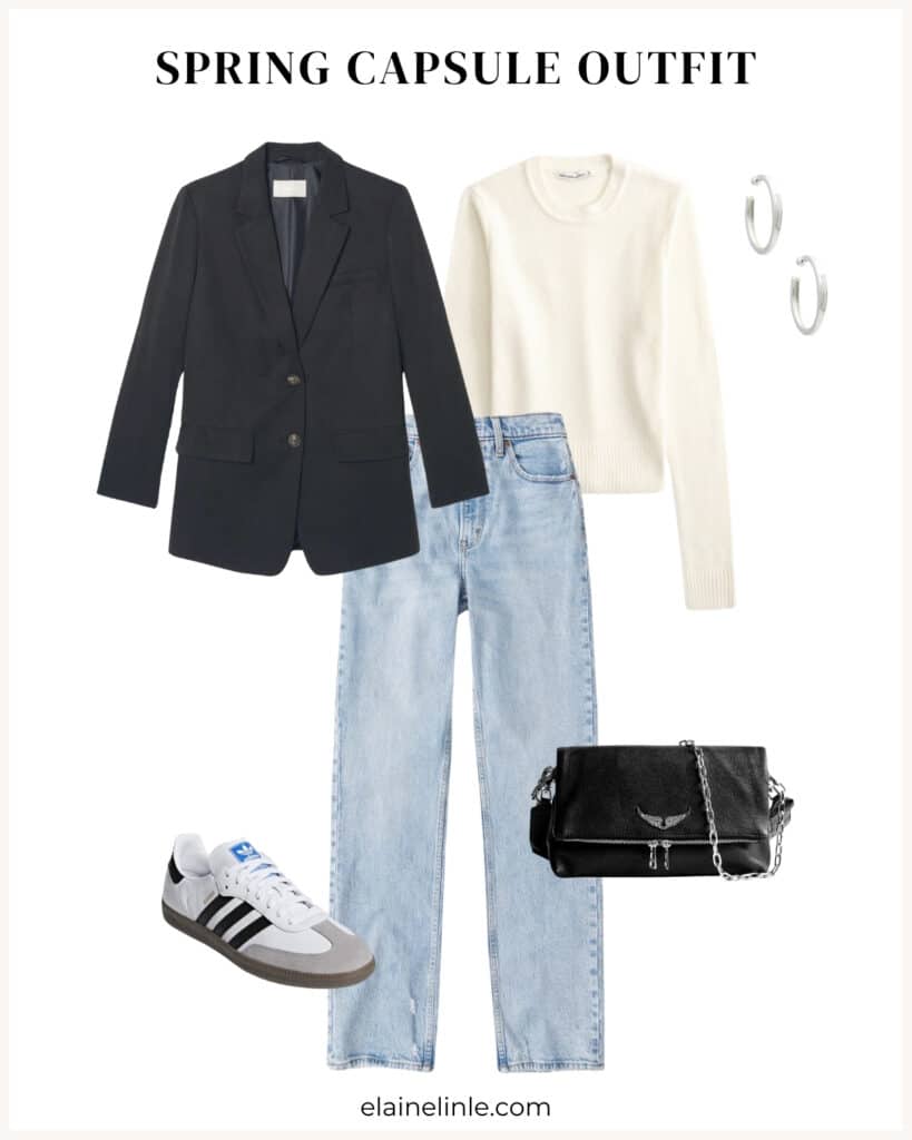 2024 Spring Capsule Wardrobe. Casual and minimal. Cream white sweater, light blue high waisted jeans, Adidas Sambas, crossbody purse, silver hoops