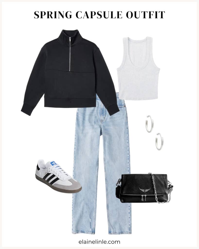 2024 Spring Capsule Wardrobe. Casual and minimal. Half Zip sweater, grey cropped tank, light blue high waisted jeans, Adidas Sambas, crossbody purse, silver hoops