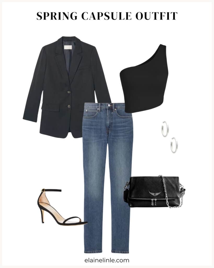 Spring capsule outfit. Dressy top, Oversized blazer, strappy sandals, high waited blue jeans, crossbody purse, silver hoops