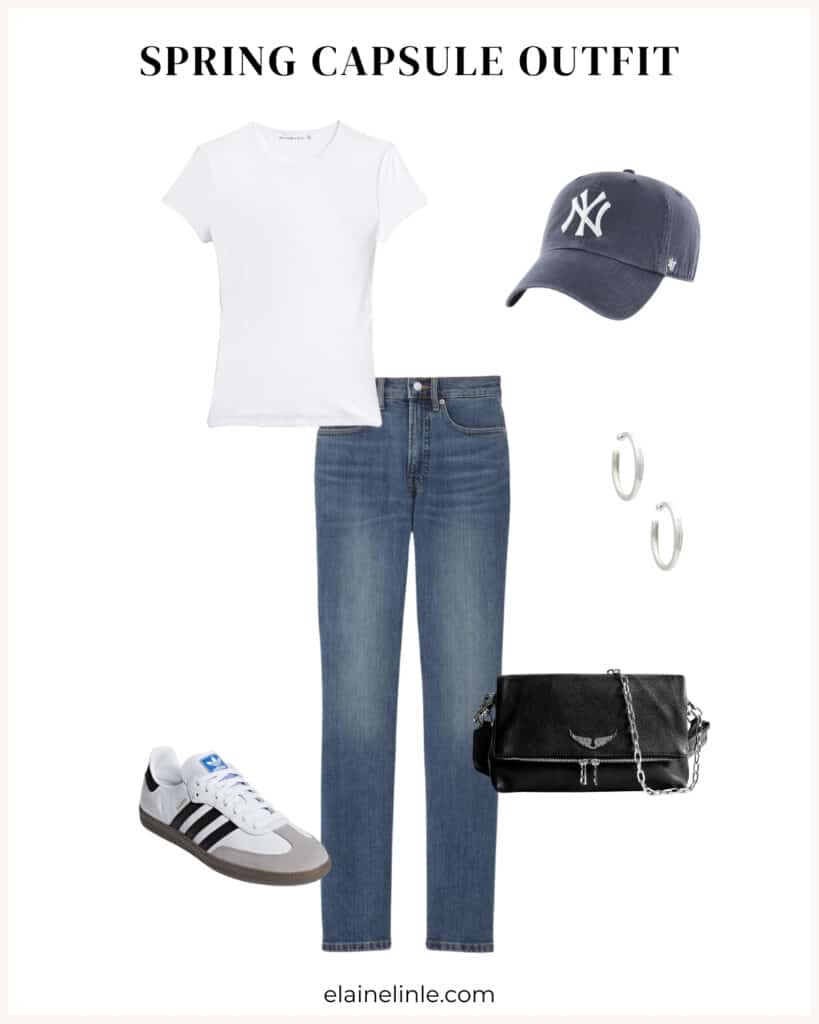 Medium blue jeans spring outfit. Casual outfit. Basic white tuckable tee, baseball cap, high waited blue jeans, Adidas Samba sneakers, silver hoops.