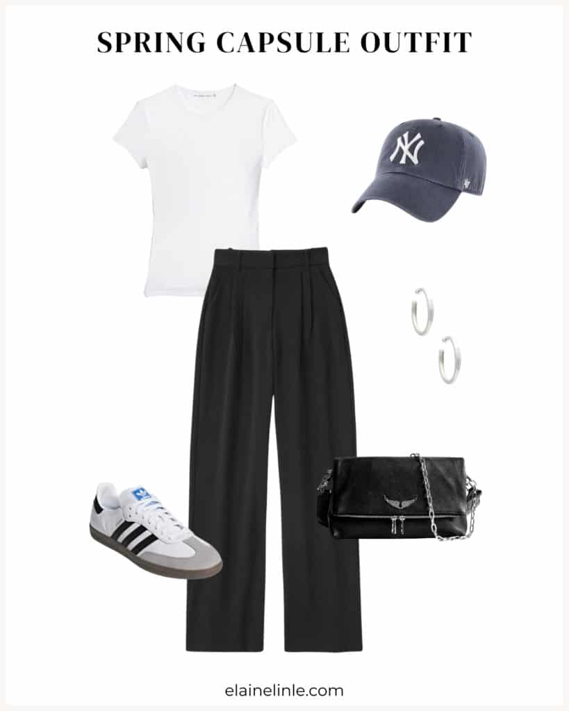 Tailored trousers spring outfit. Casual outfit. Basic white tuckable tee, baseball cap, high waited tailored trousers, Adidas Samba sneakers, silver hoops