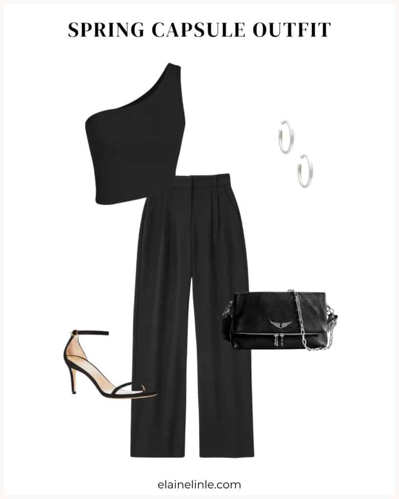 Spring dressy outfit. Tailored trousers, one shoulder top, strappy sandals, crossbody purse, silver hoops
