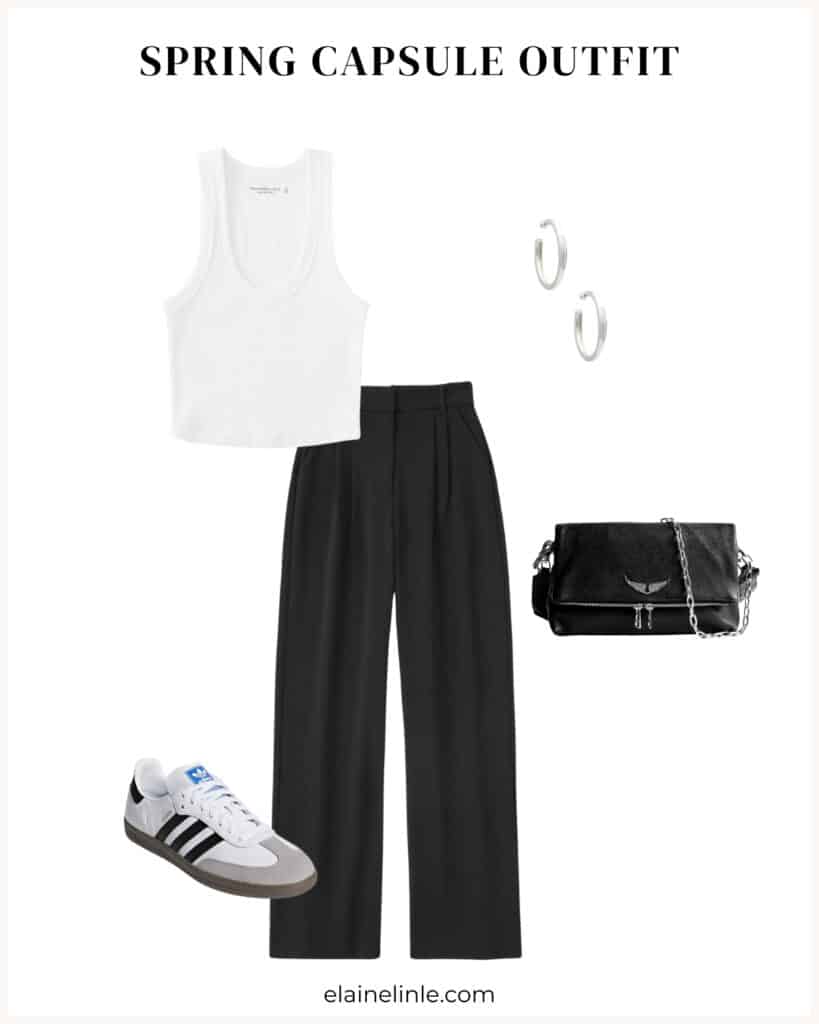 2024 spring capsule wardrobe outfit. Tailored trousers. fitted cropped tank, crossbody purse, silver hoops, Adidas Sambas