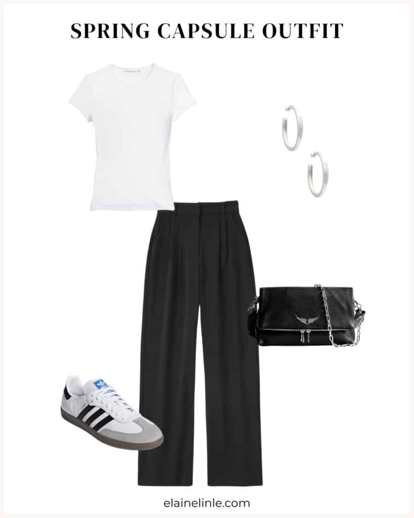 Spring outfit idea. Basic white tee, tailored trousers, Adidas Samba sneakers, silver hoops, crossbody purse.